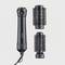 Black hot air brush with two interchangeable brush attachments; used for styling and drying hair.