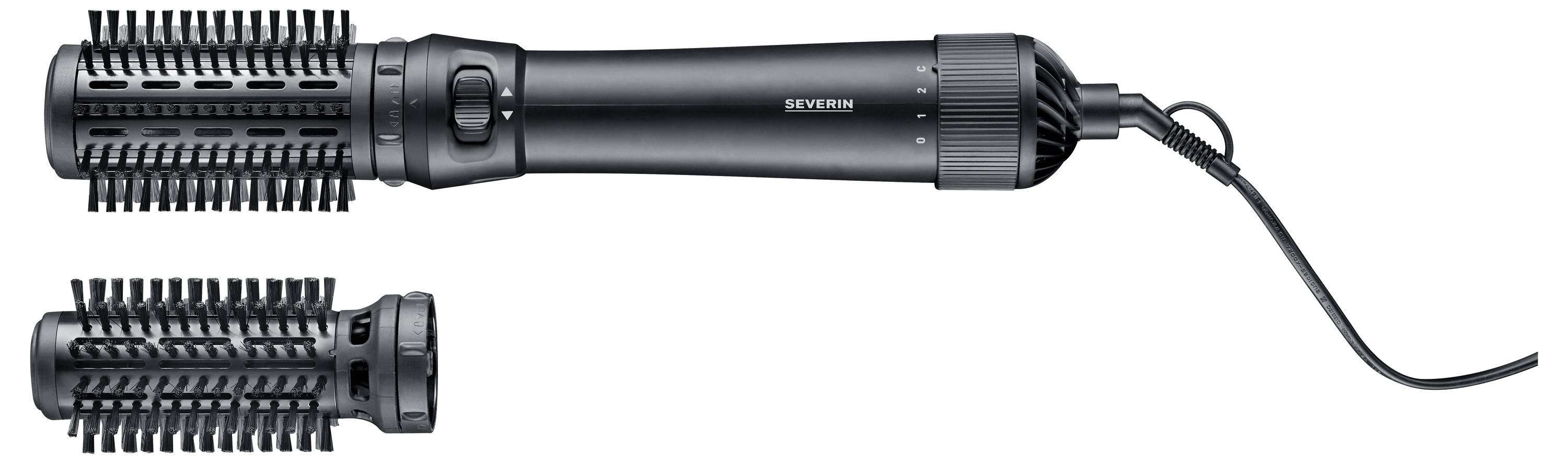 Black hot air brush with two interchangeable brush attachments that can be plugged into a power socket.