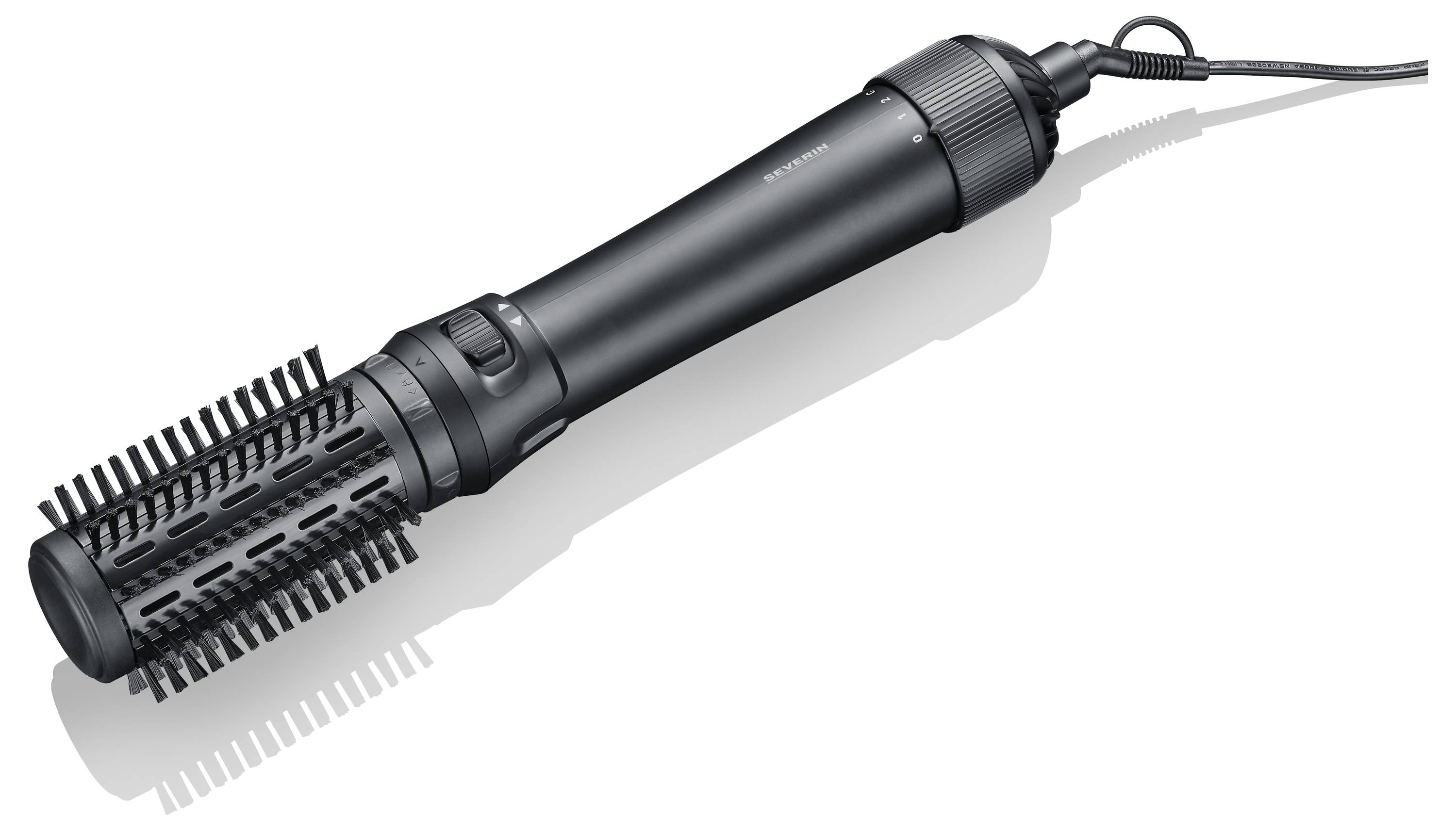 Black hot air brush with rotating round brush and mains cable, suitable for hair styling and drying.