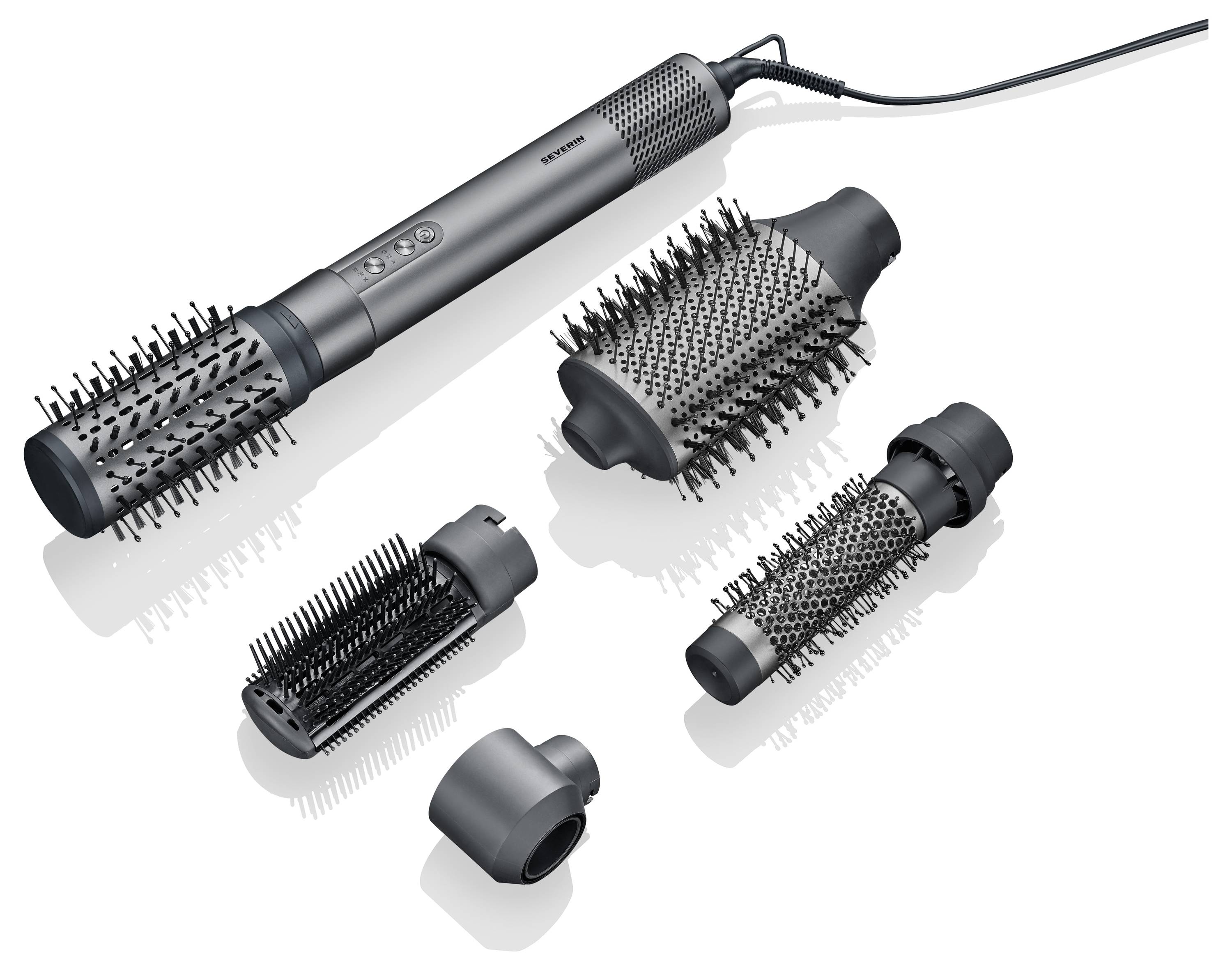 An electric hair curling wand with four different attachments for styling and drying hair, in a black and grey design.