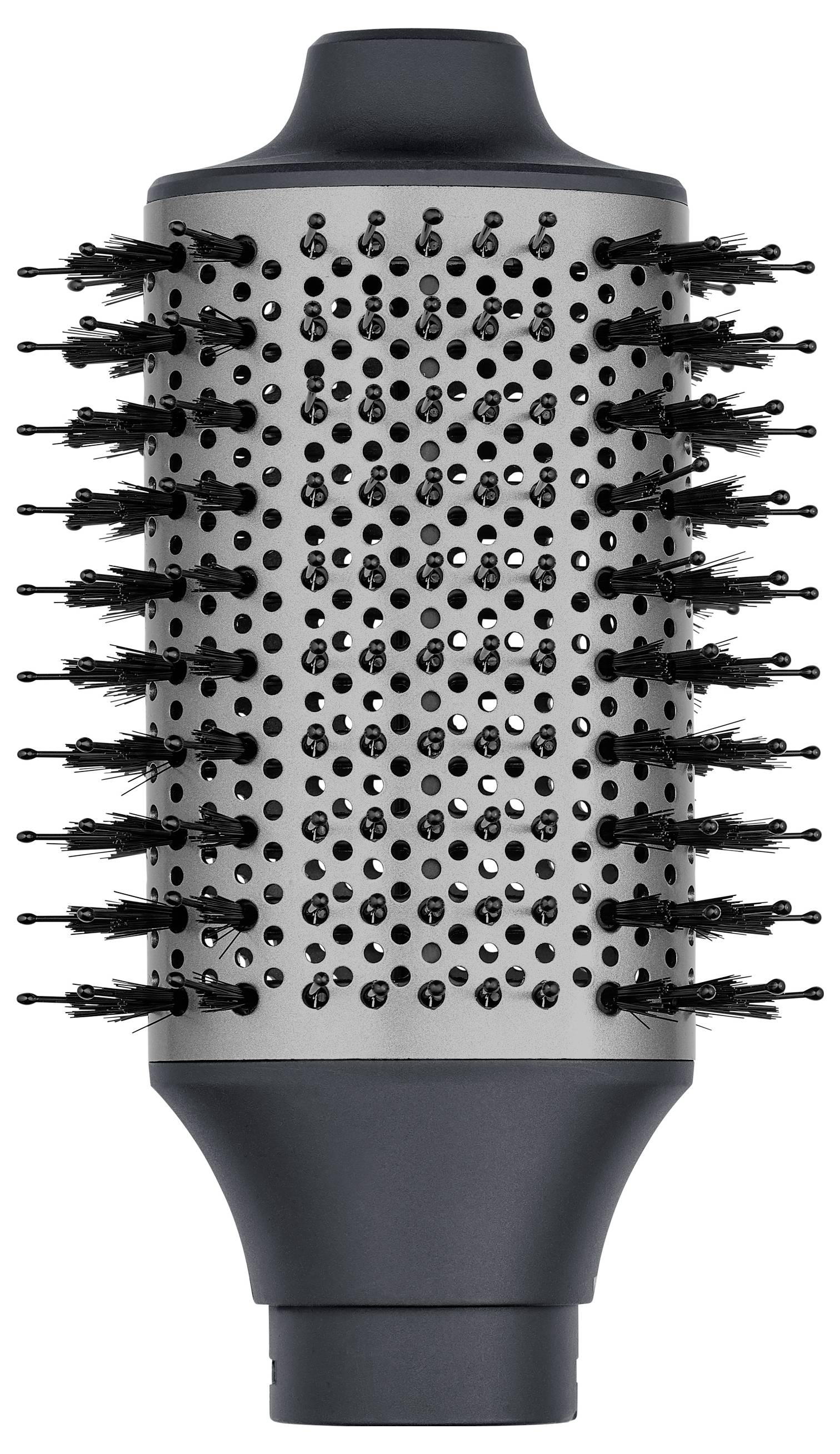 Round black hairbrush with bristles all around and a central air filter. Suitable for blow-drying and styling hair.