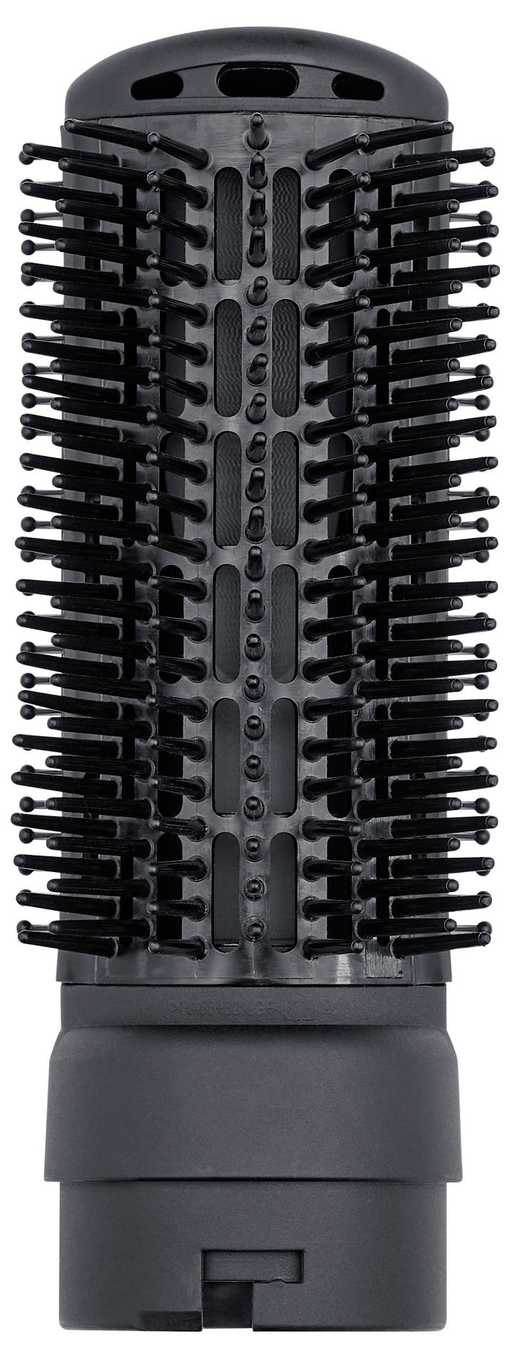 A black, round hairbrush attachment for a hairdryer, with bristles evenly distributed around the cylinder.