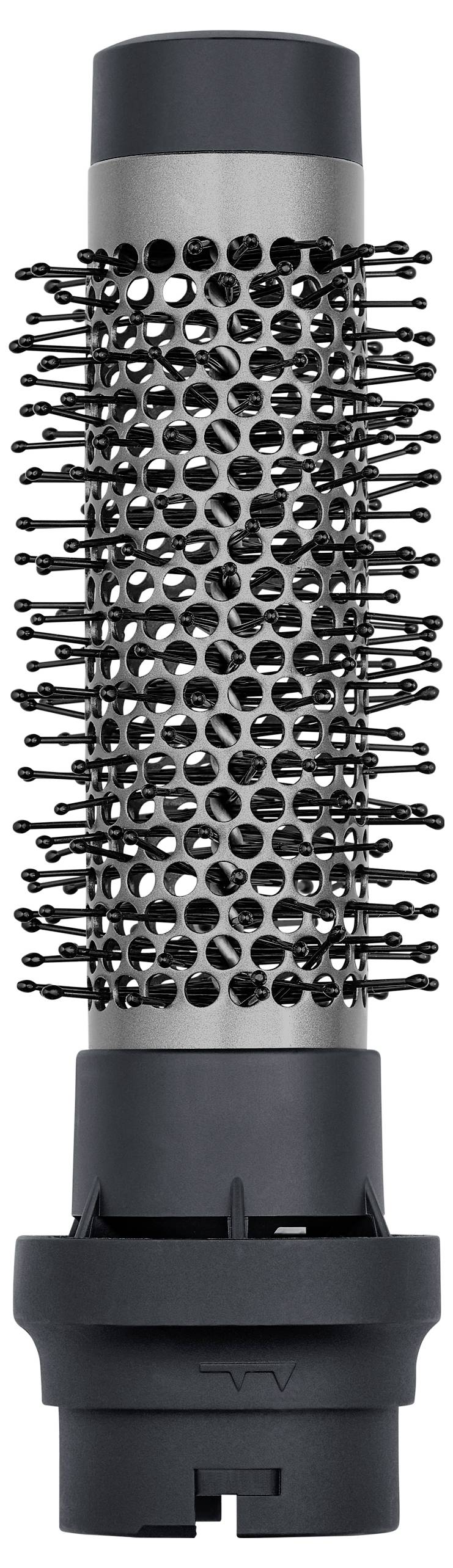 Round brush attachment in black and grey, suitable for styling and smoothing hair with a hairdryer or styling tool.