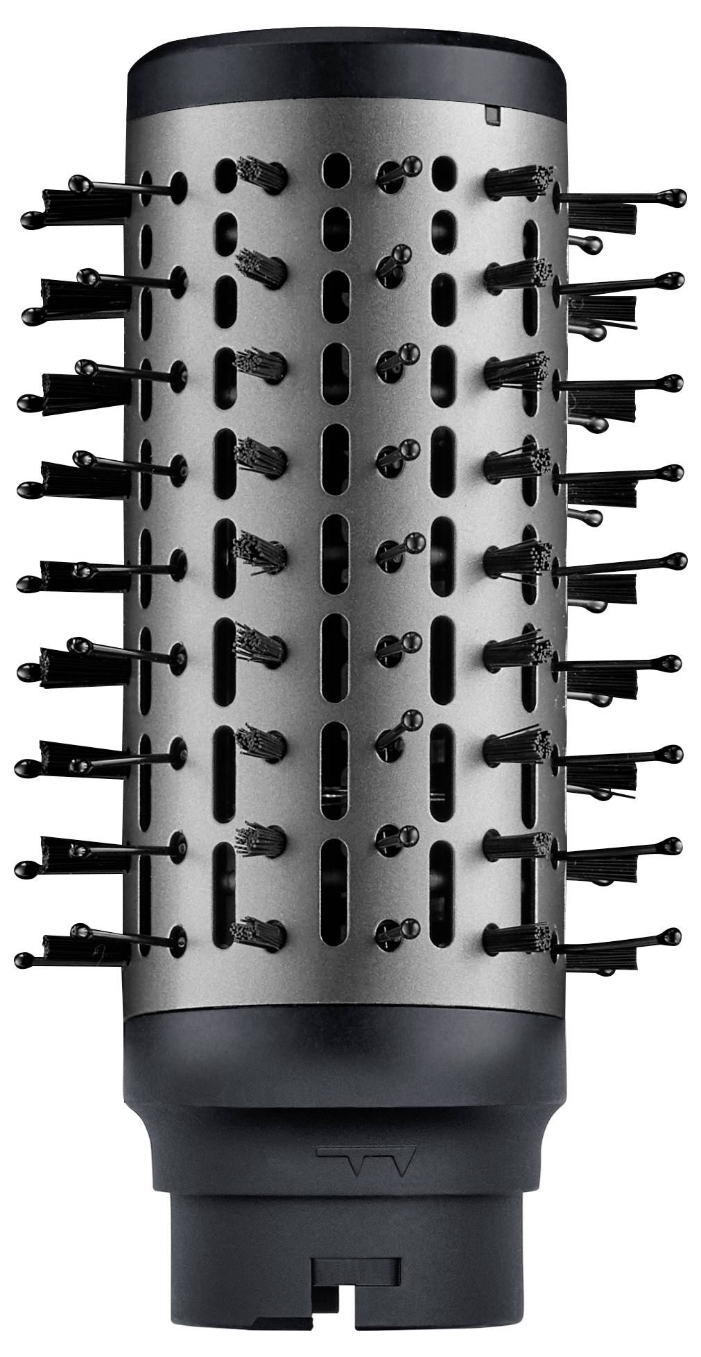 Round hair brush with black bristles and silver casing, suitable for styling and blow-drying hair.