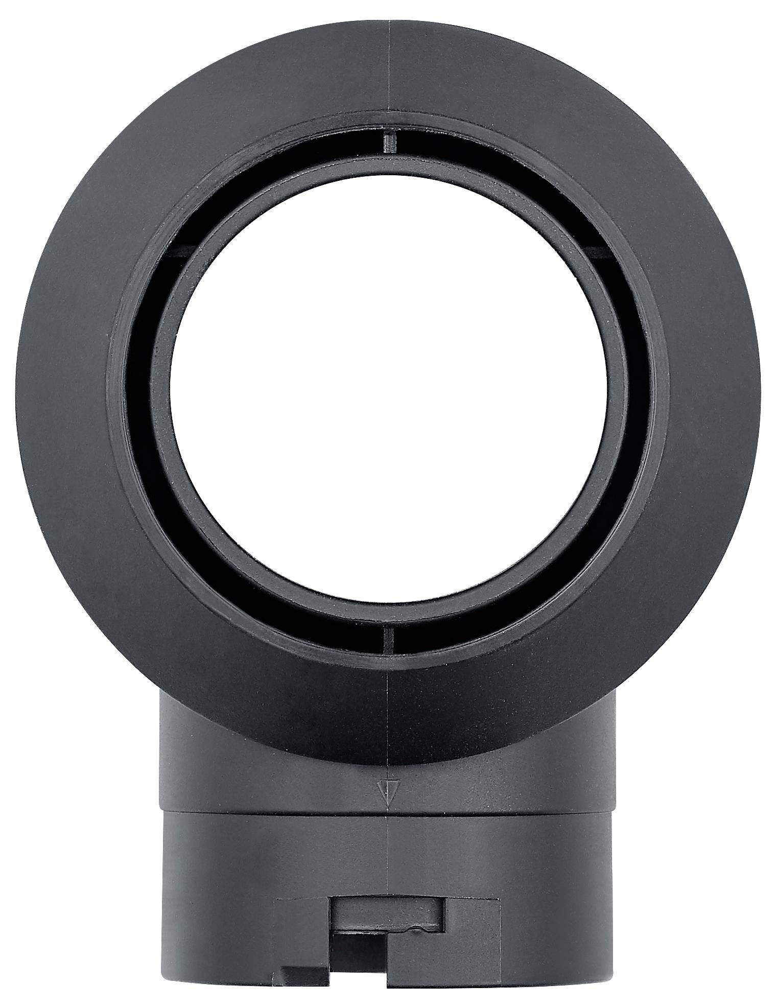 'Black, cylindrical plastic pipe with two openings, vertically positioned. Suitable for industrial applications and piping systems.'