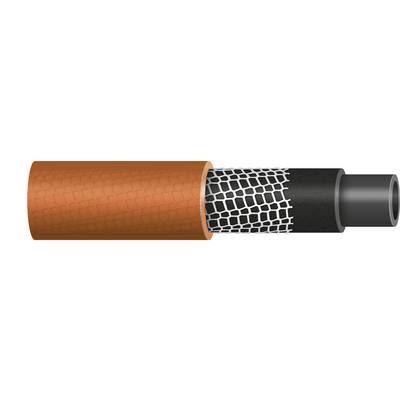 Cross-section of an insulated cable: Orange outer sheath, underneath wire braid, inner black layer, central conductor.
