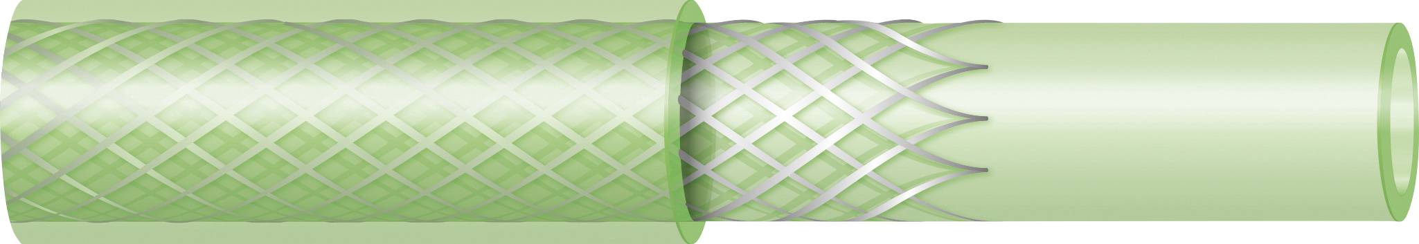 A green hose with a mesh-like outer layer and a smooth inner layer, shown in cross-section.
