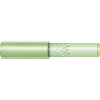 A green hose with a mesh-like outer layer and a smooth inner layer, shown in cross-section.