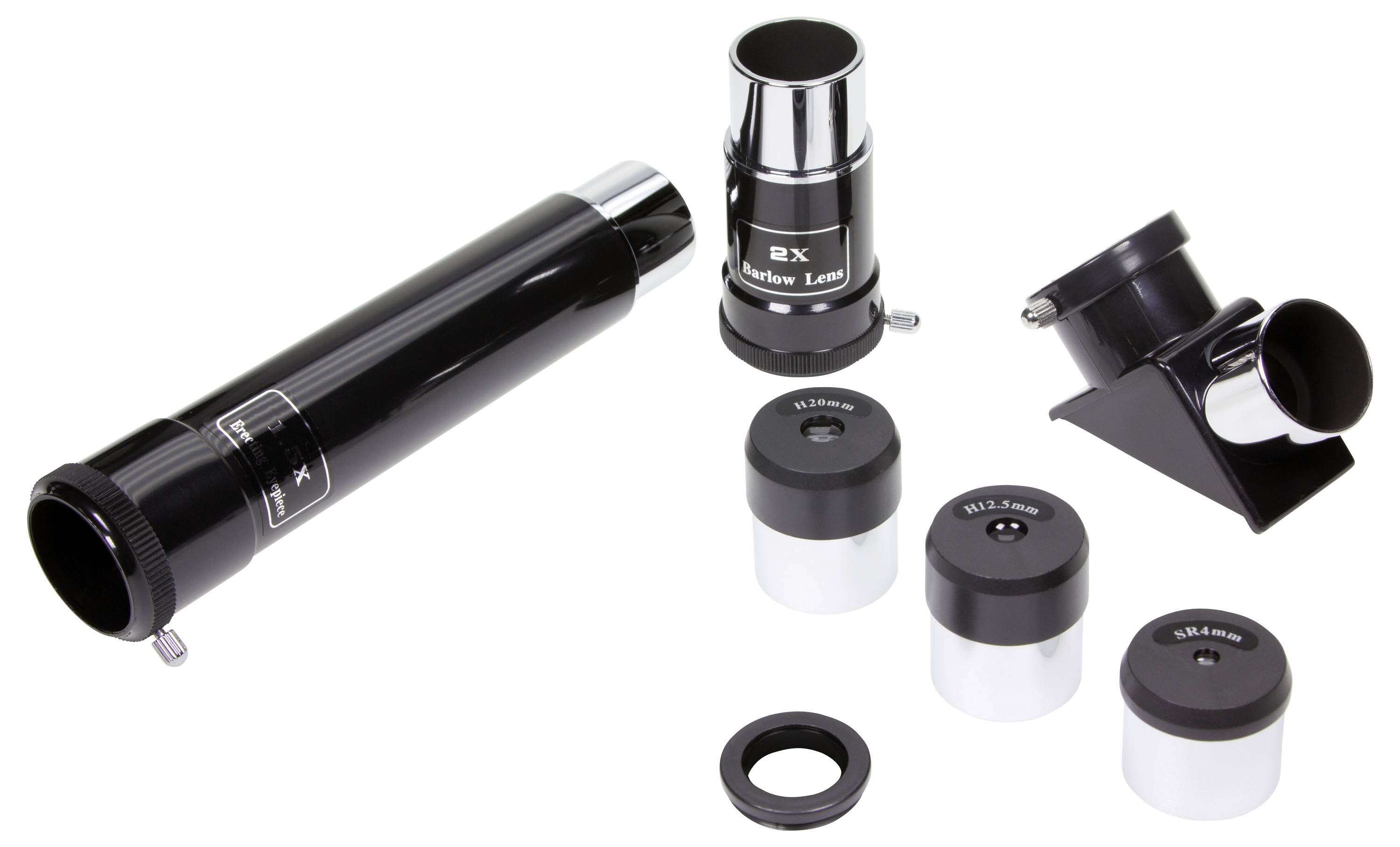 A set of telescope lens accessories, including a Barlow lens, a zenith mirror, and three eyepieces with different magnifications.