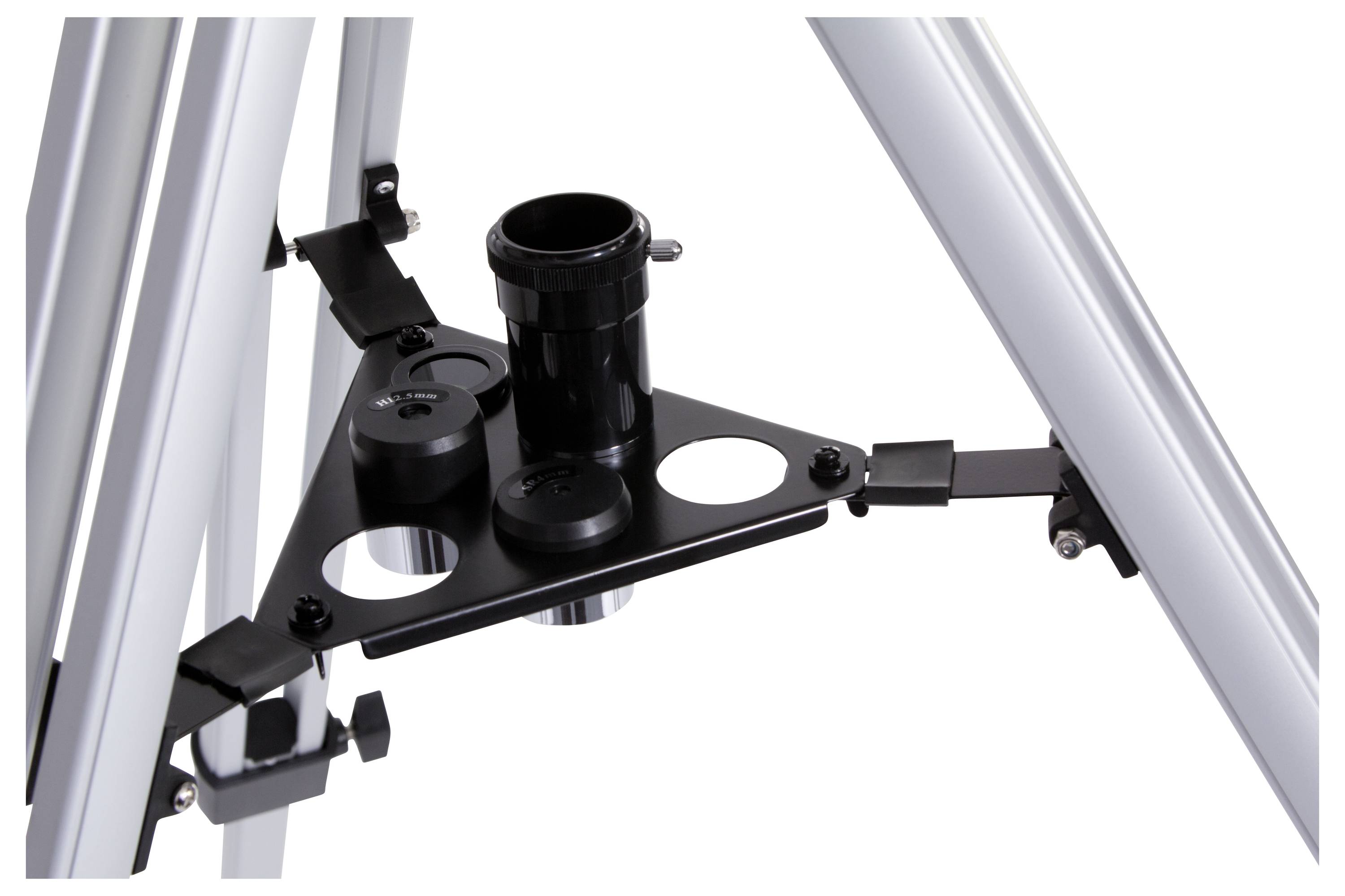 A tripod with a black mounting bracket for telescope accessories, secured between the tripod legs.
