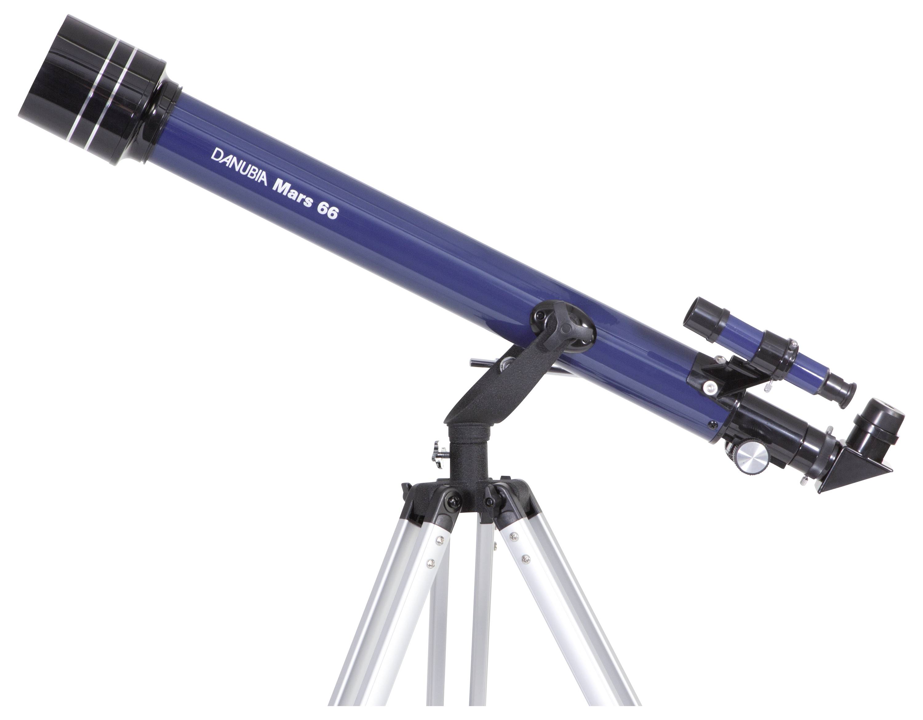 A blue telescope on a tripod. It points diagonally upwards, suitable for stargazing.