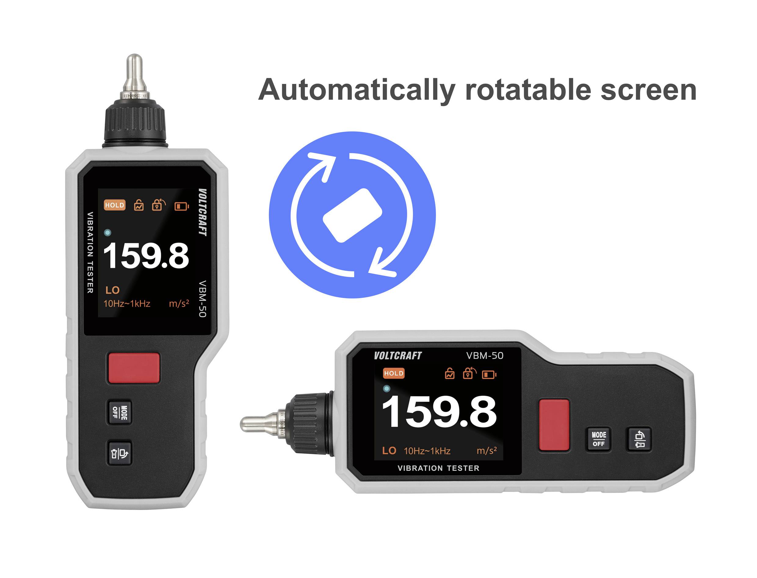 'POLYCRAFT VBM-50 Vibration Tester' with 'Automatically rotatable screen' text, displays '159.8' reading on digital screens, red button below.