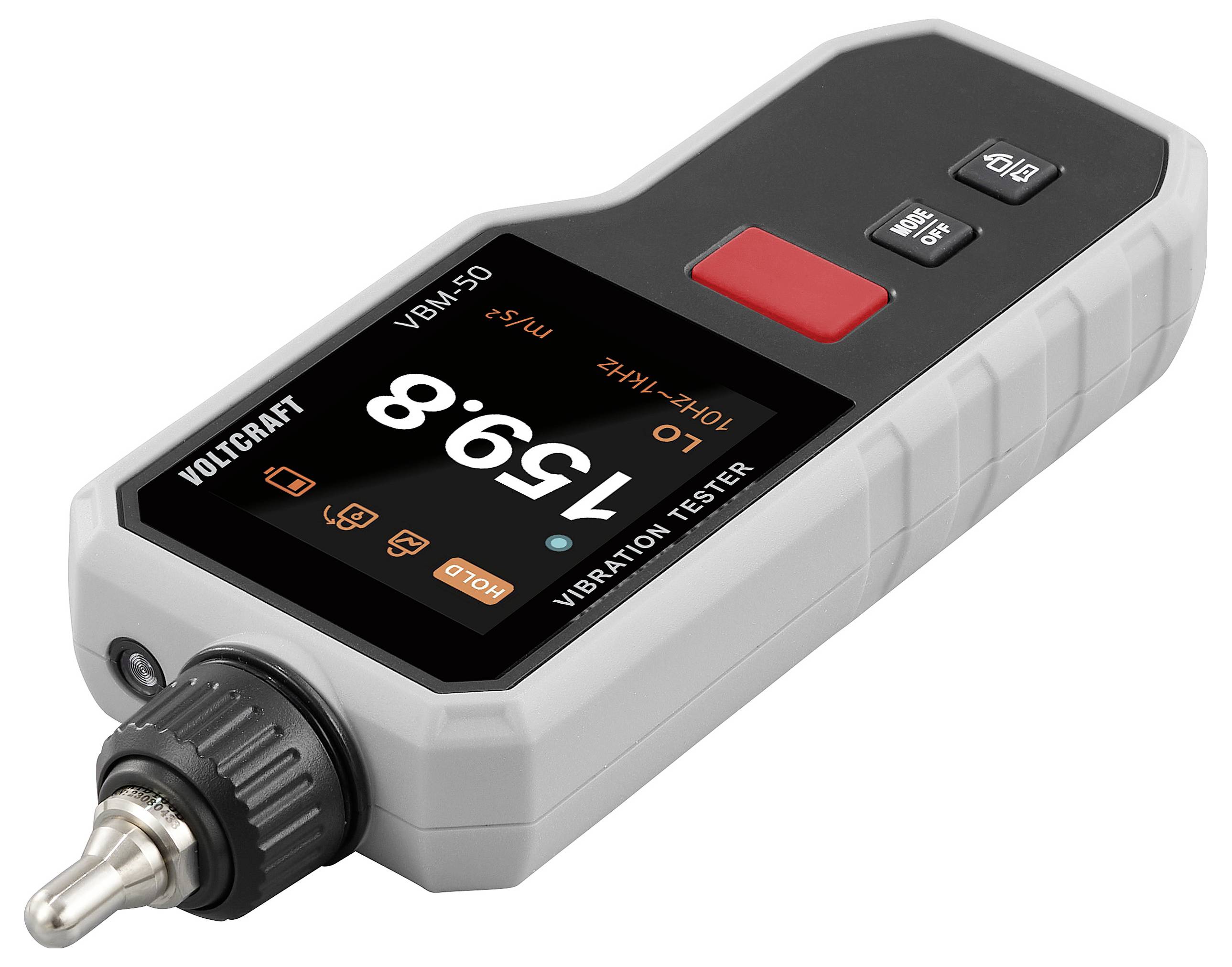 A handheld vibration tester displaying a reading of '15.98' with buttons labeled as 'MEM' and 'BLIT' visible on the front panel.