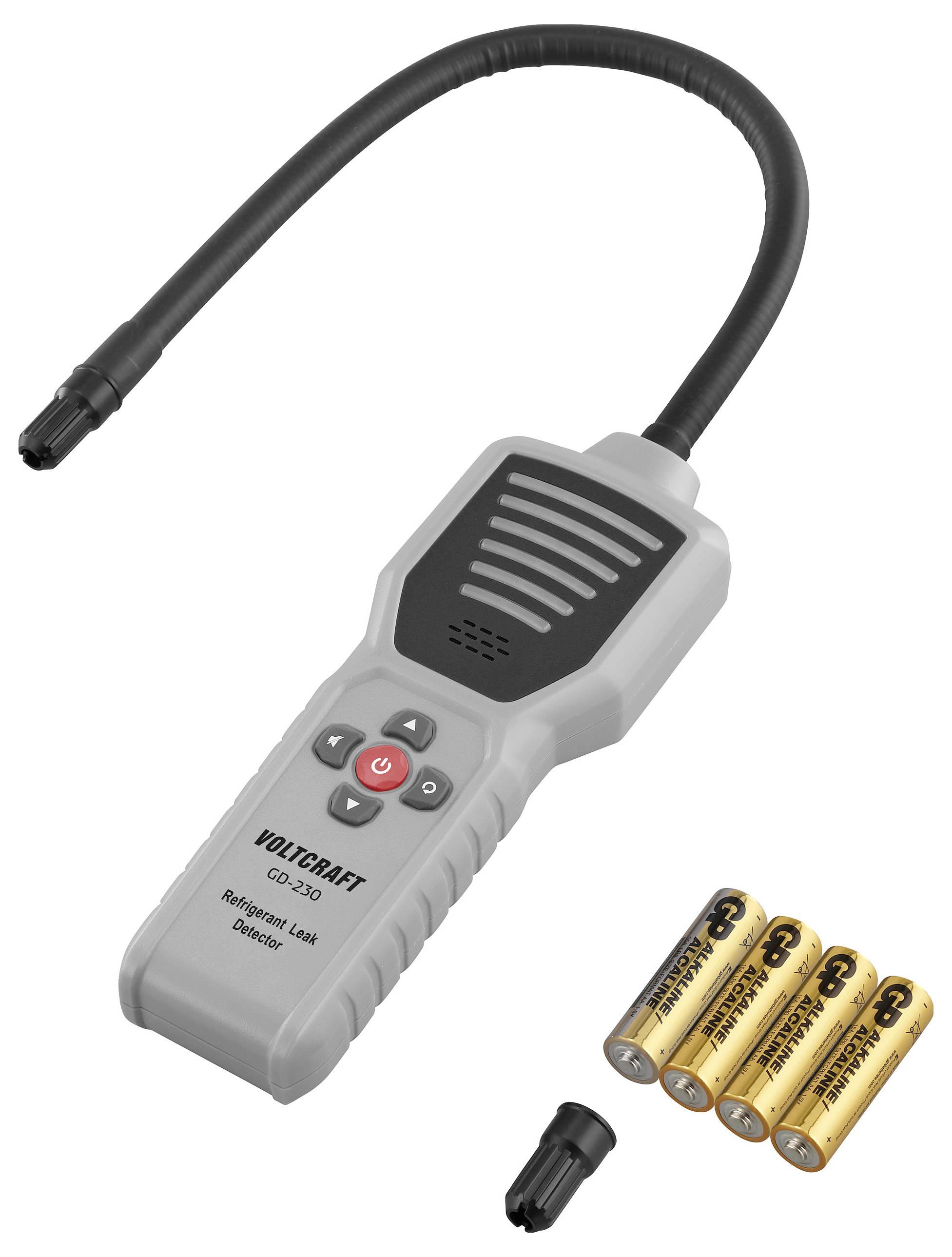 A handheld refrigerant leak detector with a flexible probe and control buttons, displaying the brand name 'Voltcraft' alongside four AA batteries.