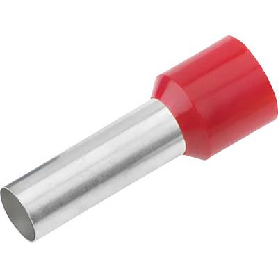 Red metal cable end sleeve, metal part on the left, plastic part on the right. Used for securely connecting wire strands in terminals.