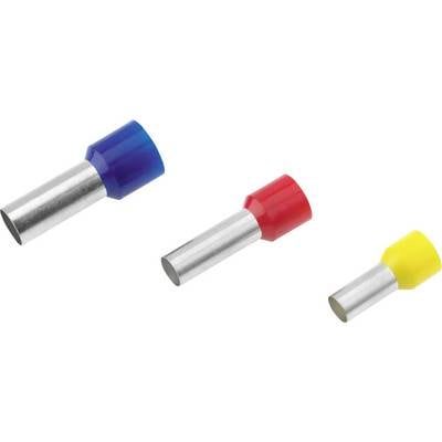 Three cable end ferrules of different sizes: one blue, one red, and one yellow. They are cylindrical and made of metal with coloured plastic sleeves.