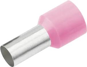 A pink cable connector with a silver metal tube for electrical connections.