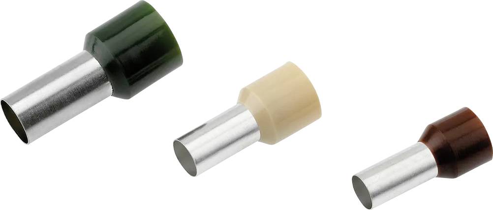 Three differently sized and coloured wire end ferrules. Left: green, Middle: beige, Right: brown. They are arranged on a white background.