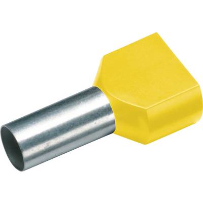 A yellow cable end ferrule connection with a metal tube, used for securely connecting cables in electrical installations.