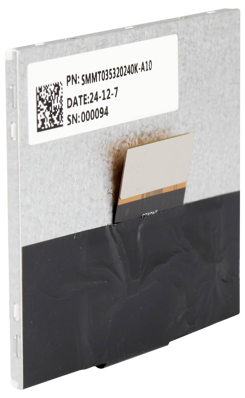 A rectangular electronic component with a QR code and inscription 'PN: SMMT035320240K-A10' and other technical details.