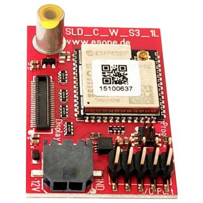 'Red electronic circuit board with various chips and connections on a rectangular PCB.'