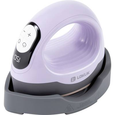 A cordless, purple steam iron on a charging station. It features a display for temperature settings and plus and minus buttons.