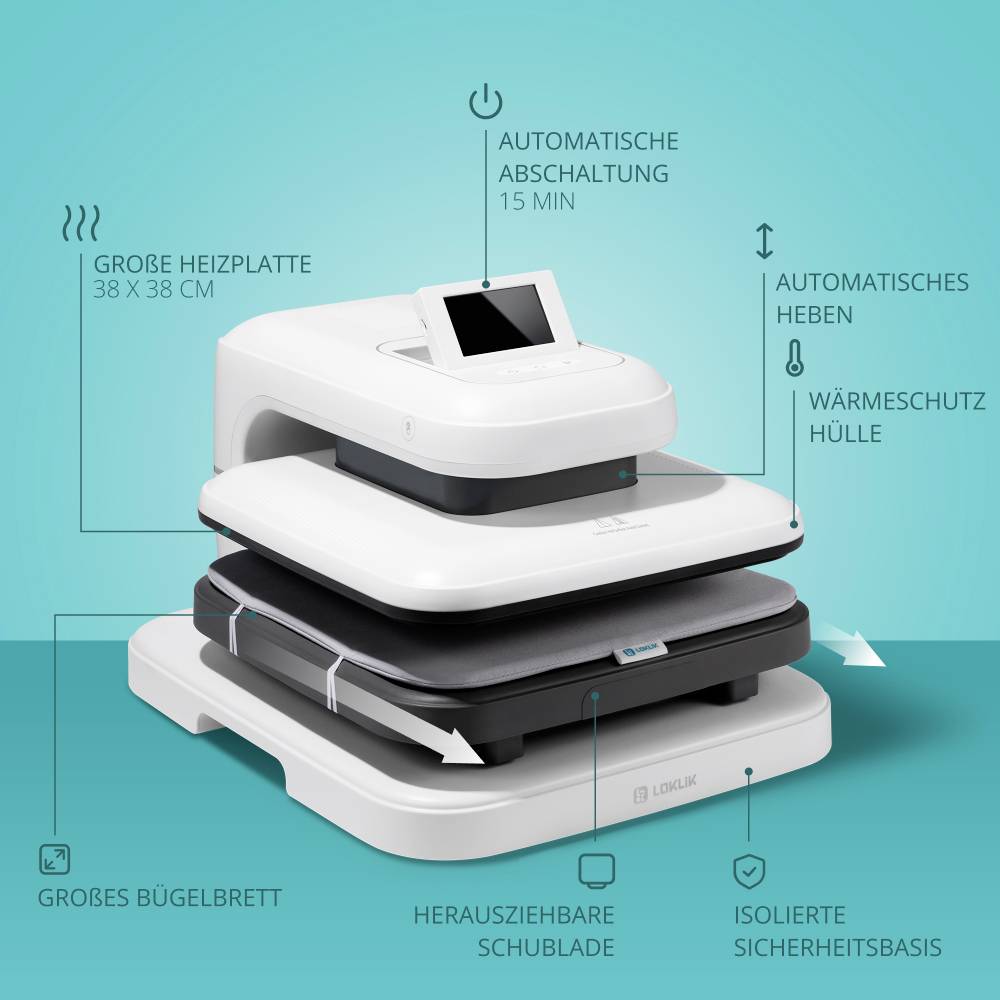 Automatic ironing machine with large heating plate (38 x 38 cm), protective cover, pull-out drawer and insulated safety base.