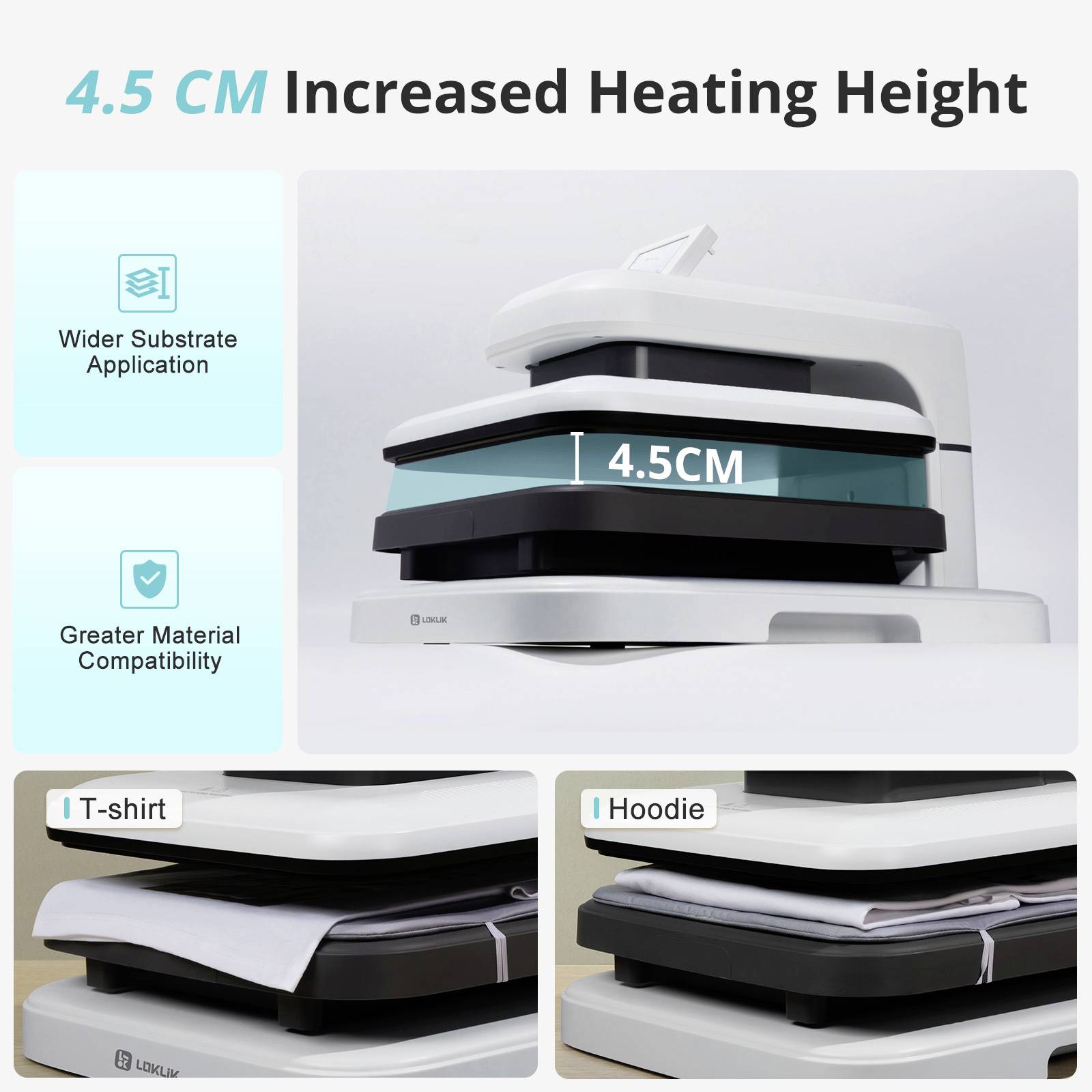 Image of a heat press with an increased heating height of 4.5 cm, suitable for applications with different materials such as t-shirts and hoodies.