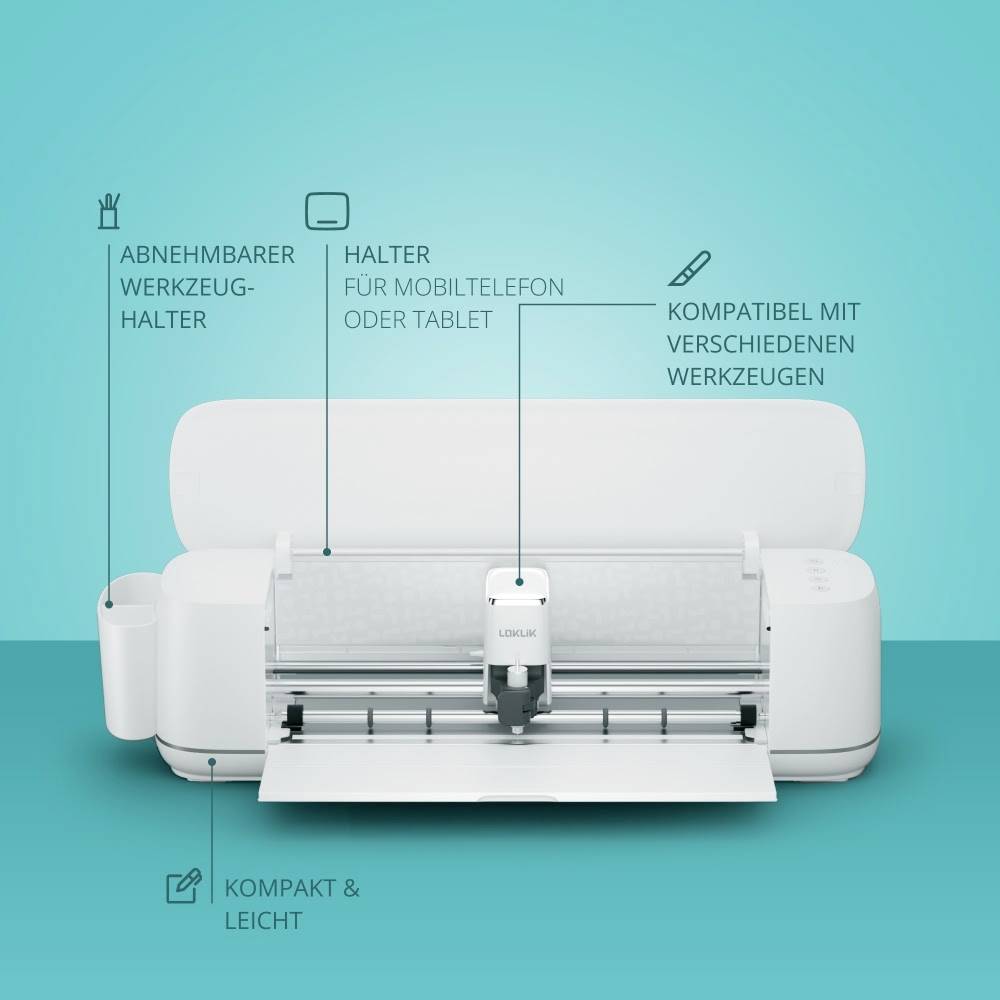 White machine on a turquoise background. Labels highlight features: tool holder, tablet holder, compact and lightweight.