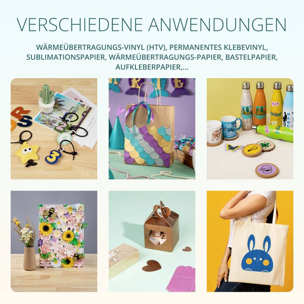 Six pictures showcase creative projects using various applications of vinyl and paper products, including bags and bottles.