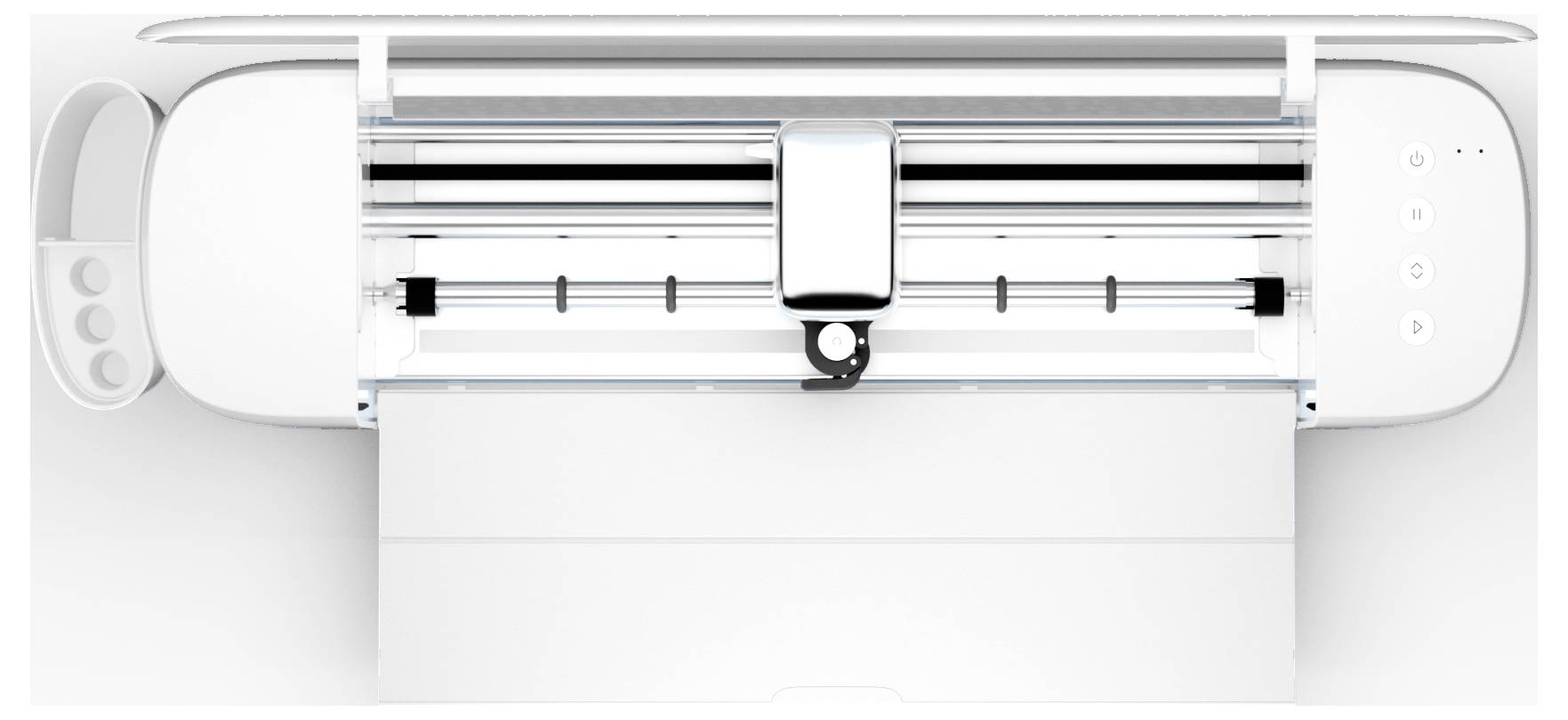 Cutting machine viewed from above with open casing, visible cutting head in the centre, and control panel on the right.