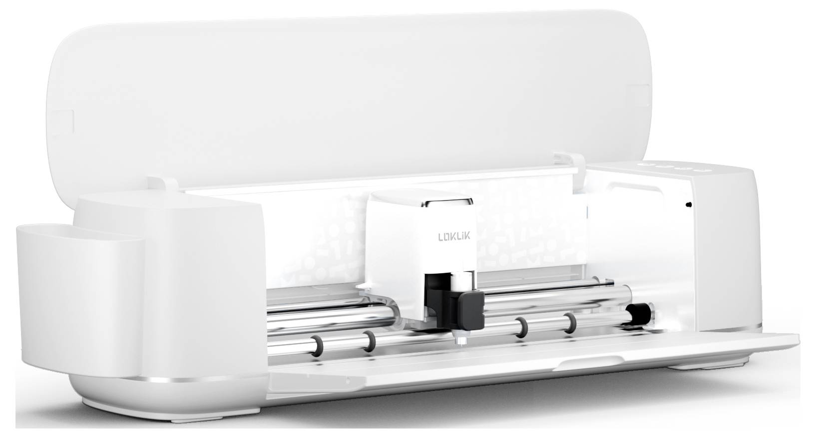 A white electronic cutting plotter with an open lid, suitable for precise cutting of materials such as paper or vinyl.