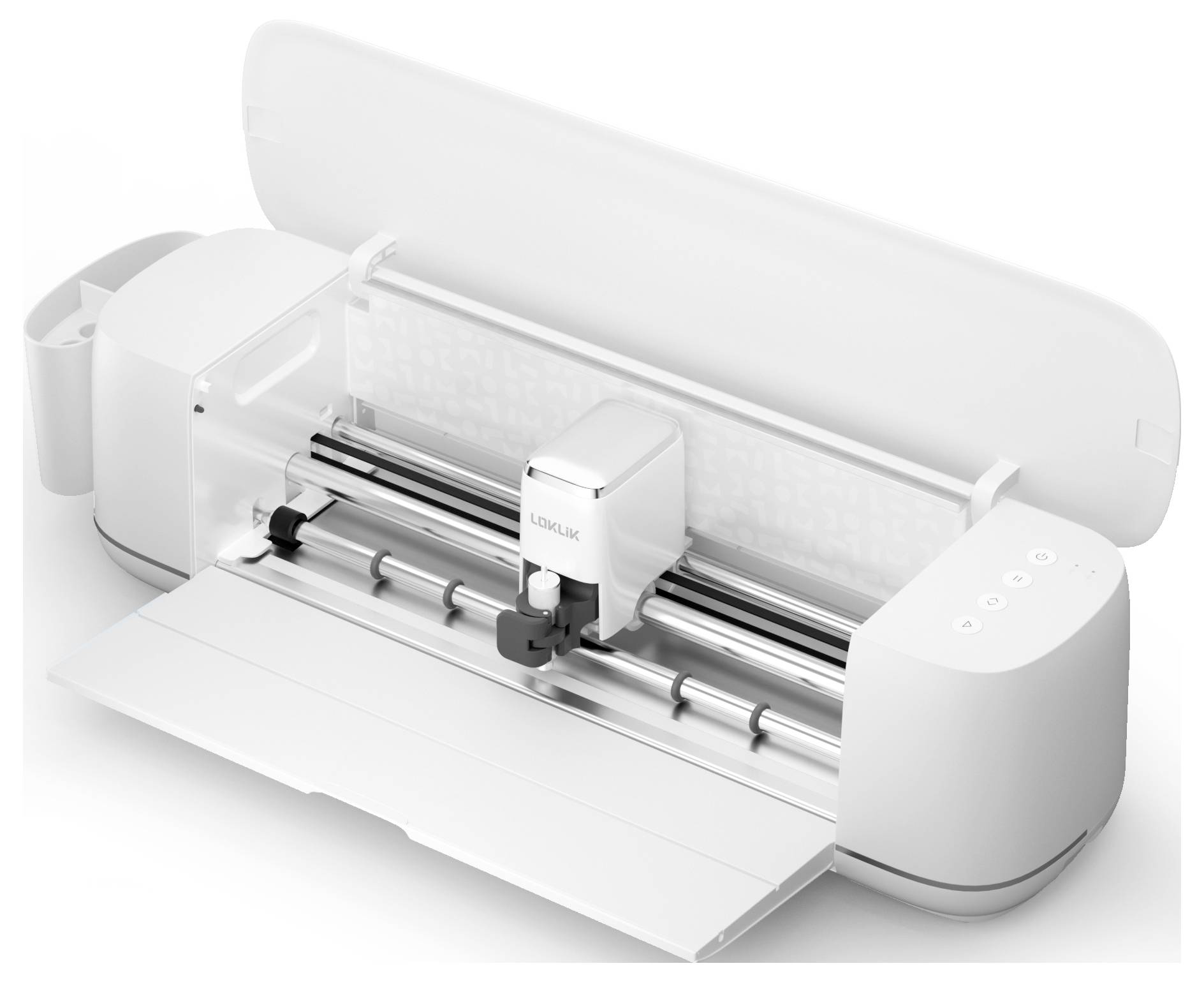 A cutting plotter on a work surface, with an open lid and visible cutting mechanism, ready to cut materials.