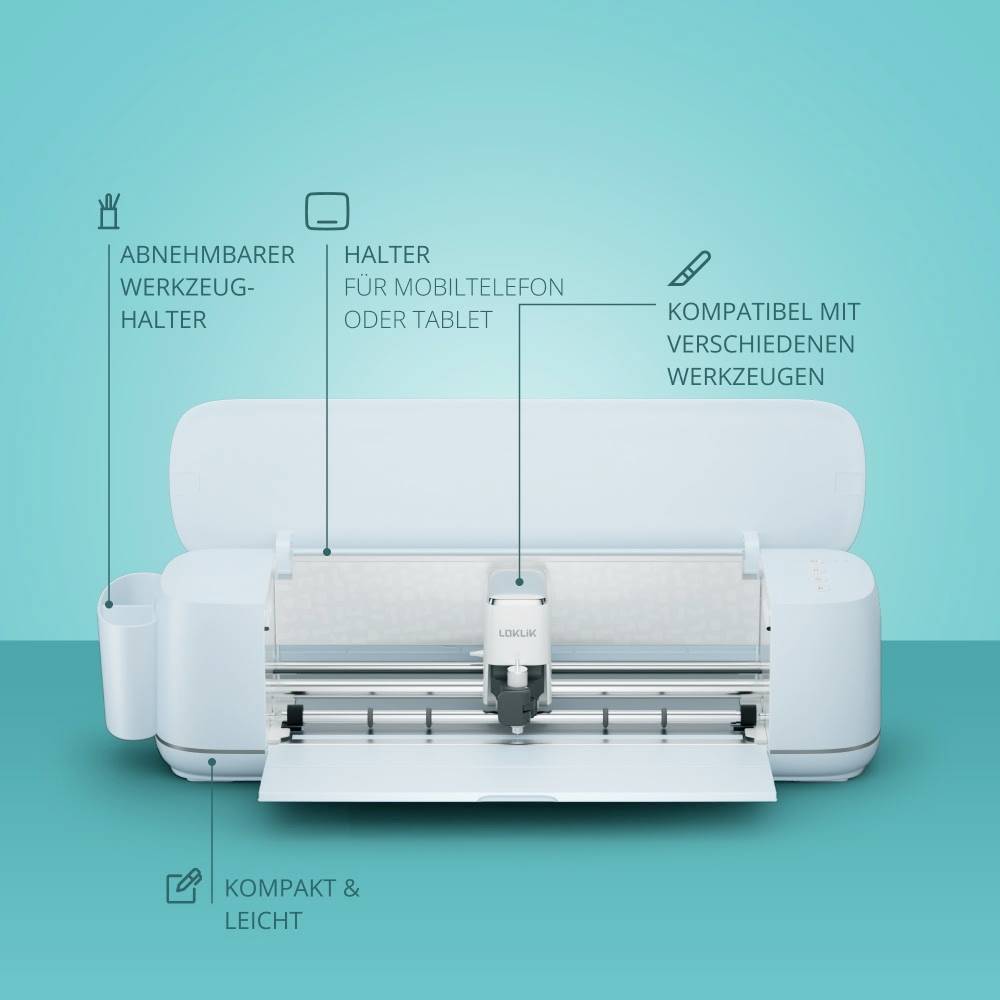 Cutting plotter on a blue background with labels: Tool holder, Mobile phone holder, Compatible with tools, Compact and lightweight.