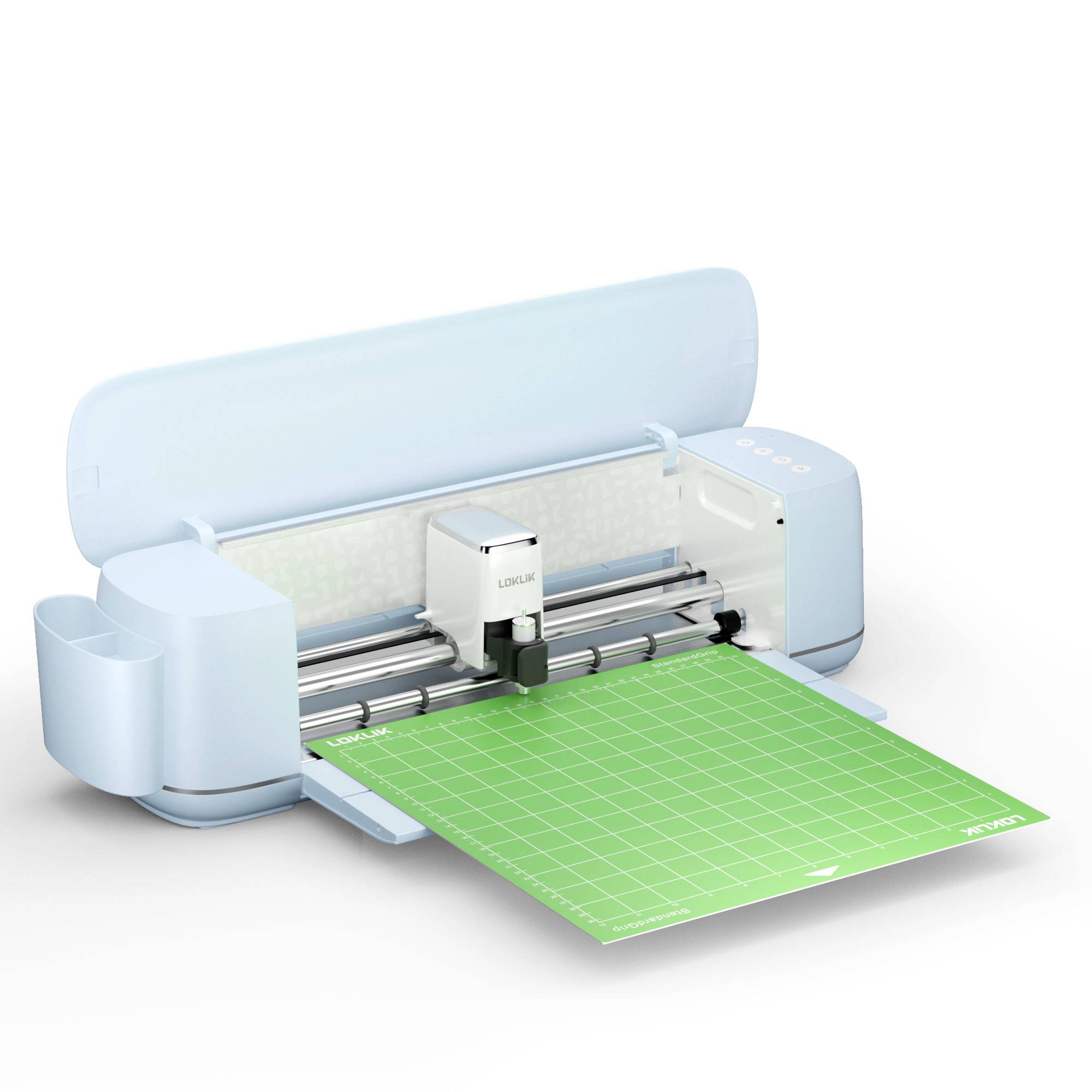 A light blue electronic cutting device with a green cutting mat insert. Perfect for precise crafting and handiwork.