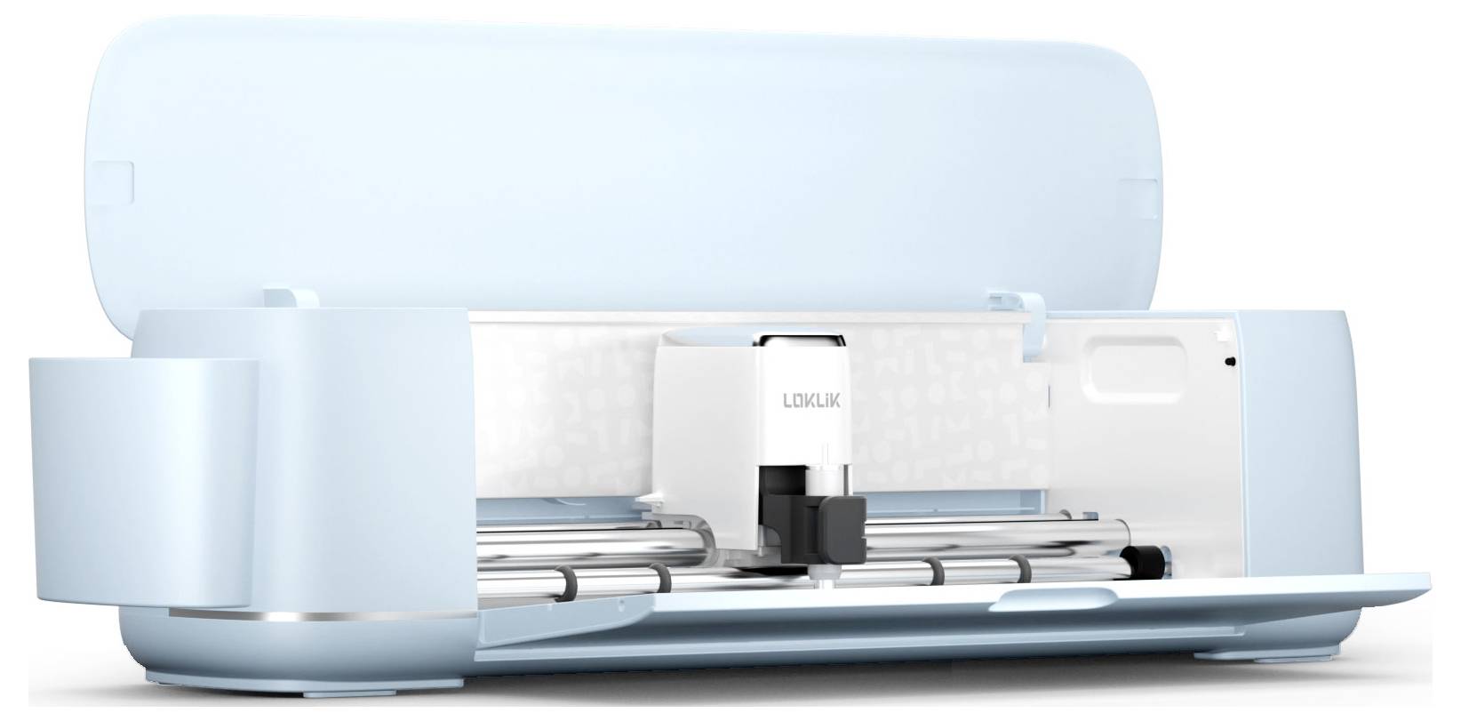 An electric cutting machine with an open lid and visible blade, placed in a light blue casing.