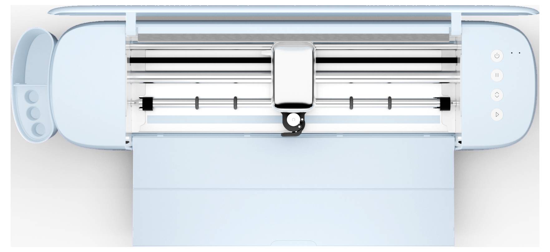 A cutting plotter viewed from above, in blue with an open lid. The cutting mechanism and control elements are visible.
