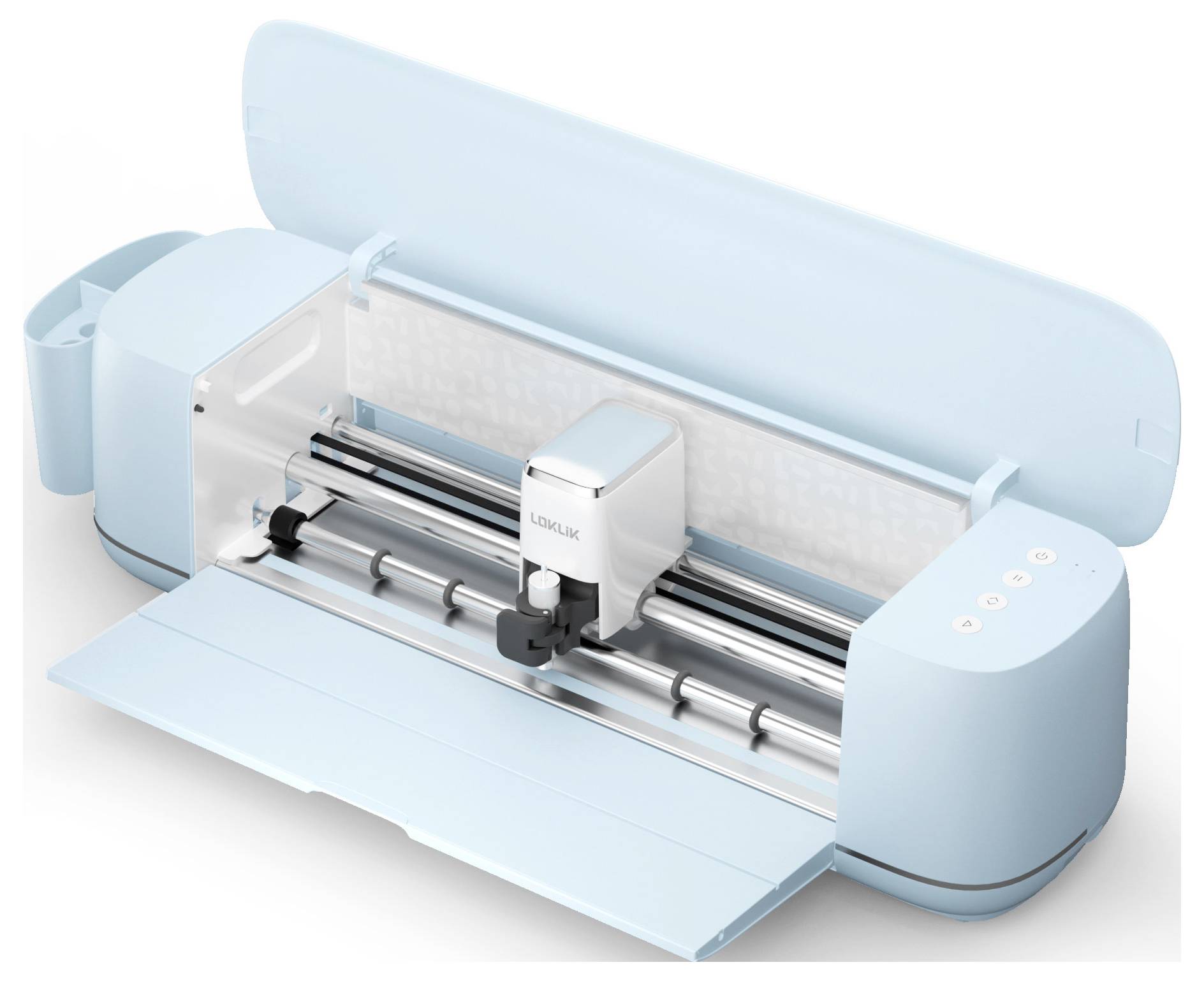 Light blue cutting plotter with an open lid, revealing the cutting mechanism and storage space for materials.