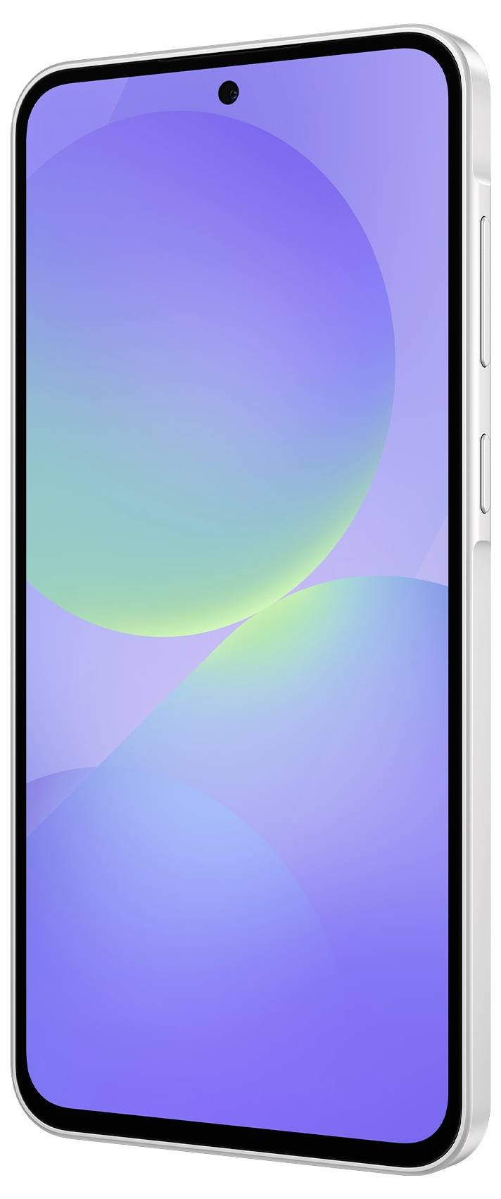 A modern smartphone with a silver frame and large display. It has slim bezels and a centrally positioned front camera.