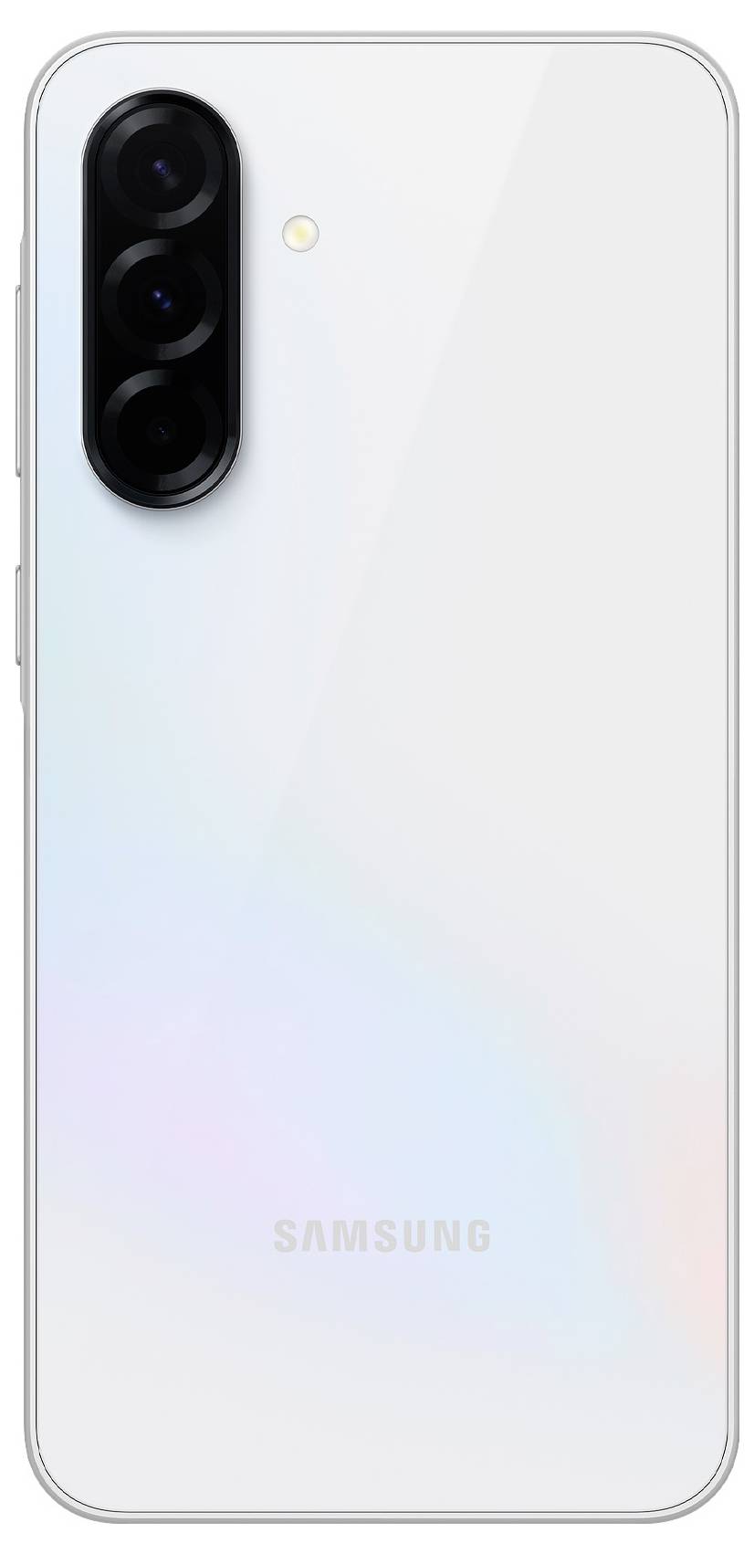 A white smartphone viewed from the back, featuring three camera lenses and an LED flash in the top left corner. 'Samsung' logo positioned at the bottom edge.