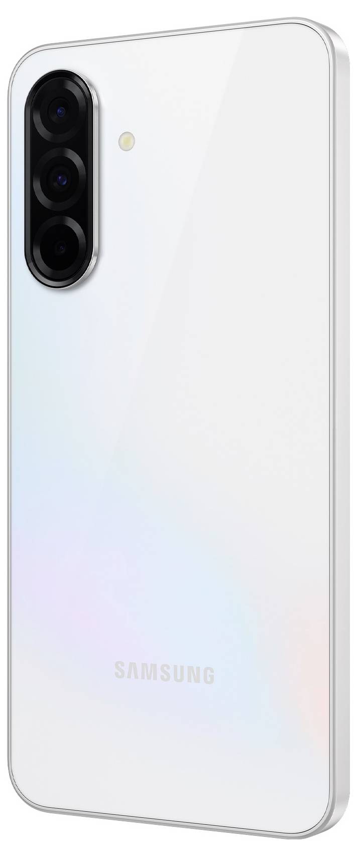 A white Samsung smartphone with three camera lenses on the back; rectangular design, minimalist appearance.