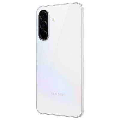 A white Samsung smartphone with three camera lenses on the back; rectangular design, minimalist appearance.