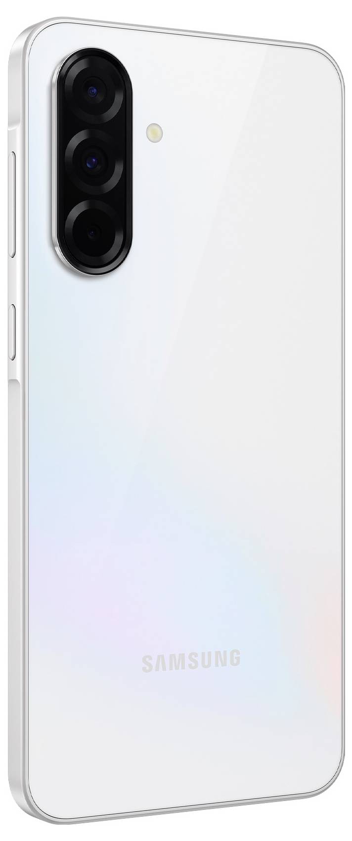 A white smartphone from the back, showing three camera lenses and the Samsung logo.