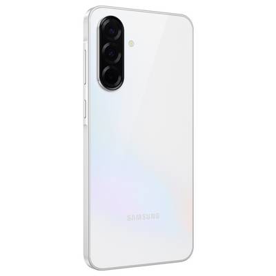 A white smartphone from the back, showing three camera lenses and the Samsung logo.