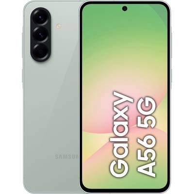 A Samsung Galaxy A56 5G smartphone in Green, showing front and back views. Front side with display, back side with three cameras.