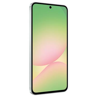 Smartphone with a green and pink gradient display, camera in the centre at the top, right side visible in profile.