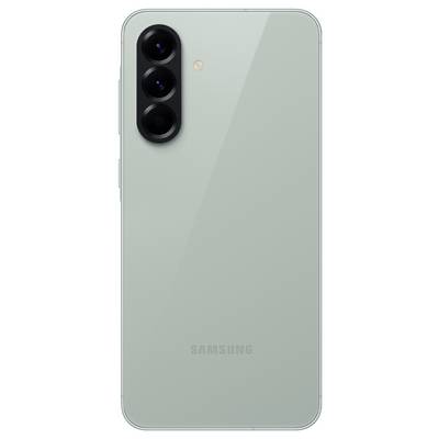 A smartphone in a light grey tone with three cameras on the back, with a brand logo underneath.