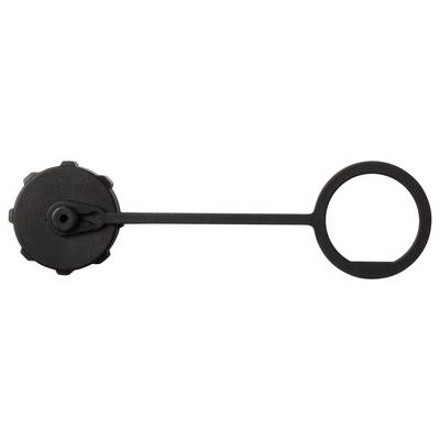 A black round plastic lid with a ring-shaped handle is depicted, likely a closure for a valve or pipe.