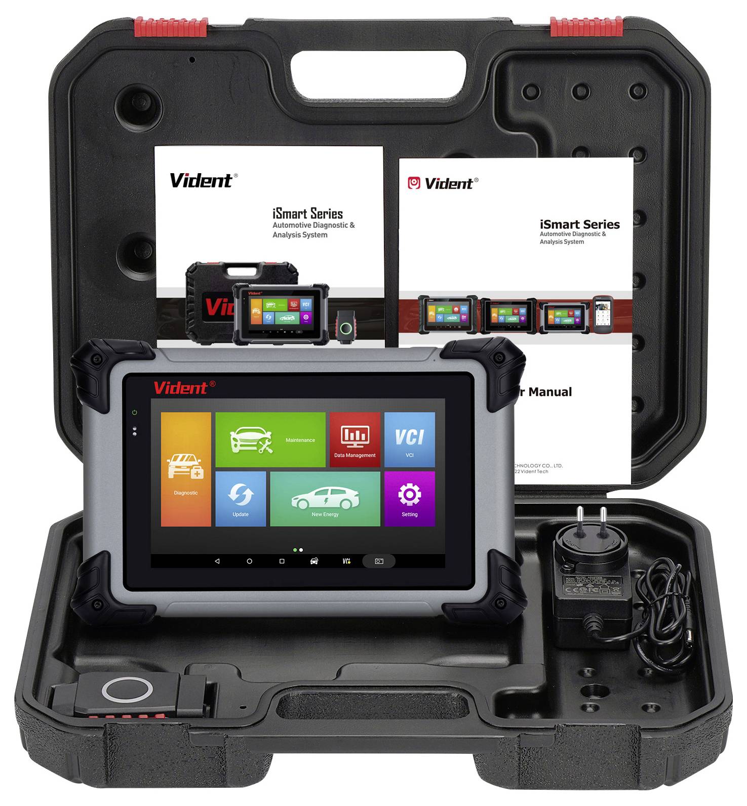 Portable diagnostic device in an open case with screen, charger, and user manuals, primarily for vehicle analysis.