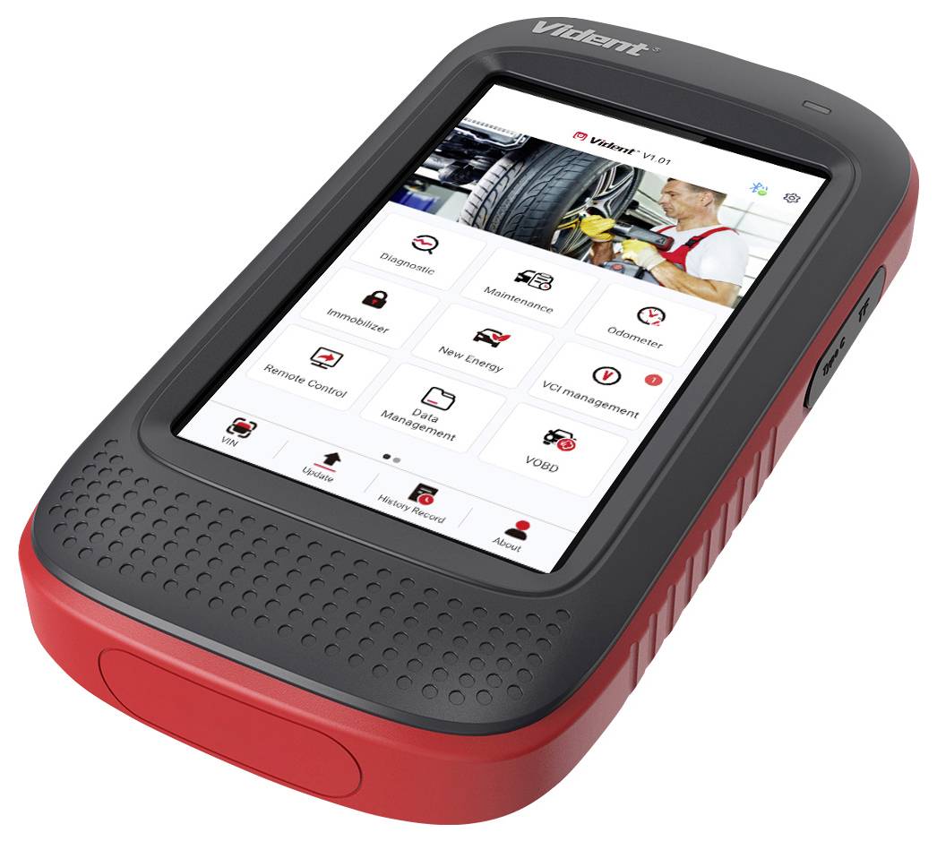 A red and grey diagnostic device with a screen displays a menu interface with options such as 'Diagnosis', 'Maintenance', and 'OBDII'.